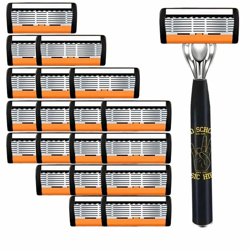 Black six-layer finger handle for manual shaver holder with assorted blade packs.
