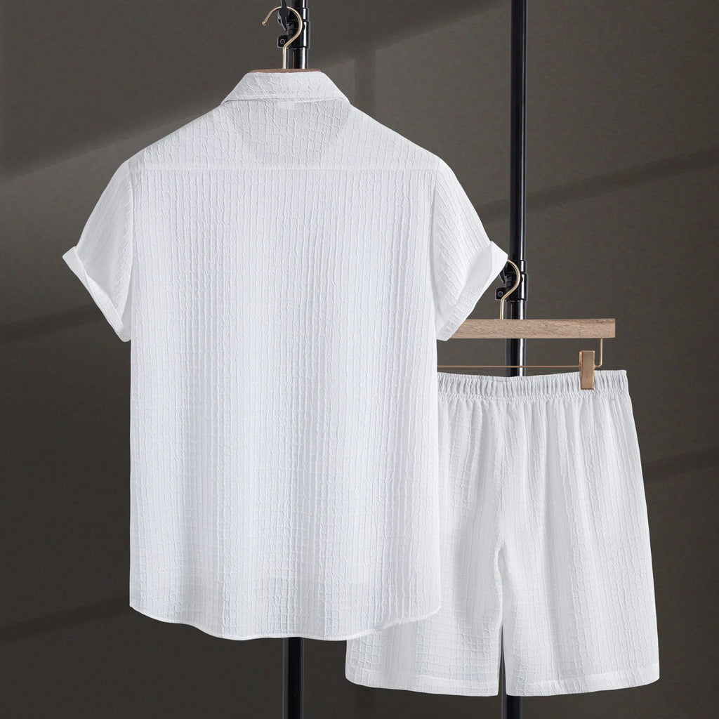 Men's casual cotton blend jacquard short sleeve shirt and matching shorts set in black or white