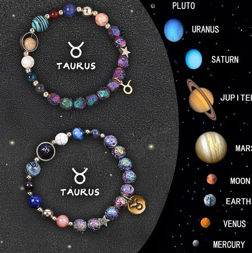 Two natural stone zodiac bracelets with adjustable cords showing astrological symbol beads