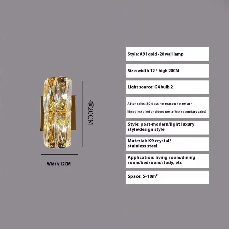 Crystal wall lamp with stainless steel frame in chrome or gold finish