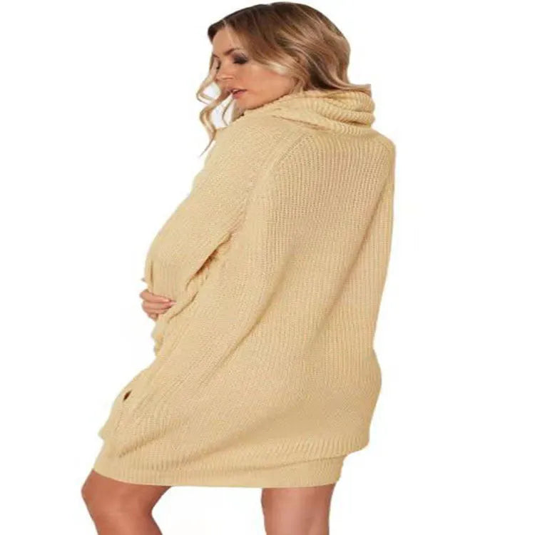 A mid-length apricot pullover sweater with a lapel neckline, loose fit, and side pockets on a hanger.