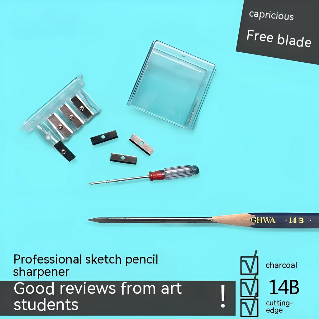 Geometric shaped four hole pencil sharpener for art, shown with integrated screwdriver.