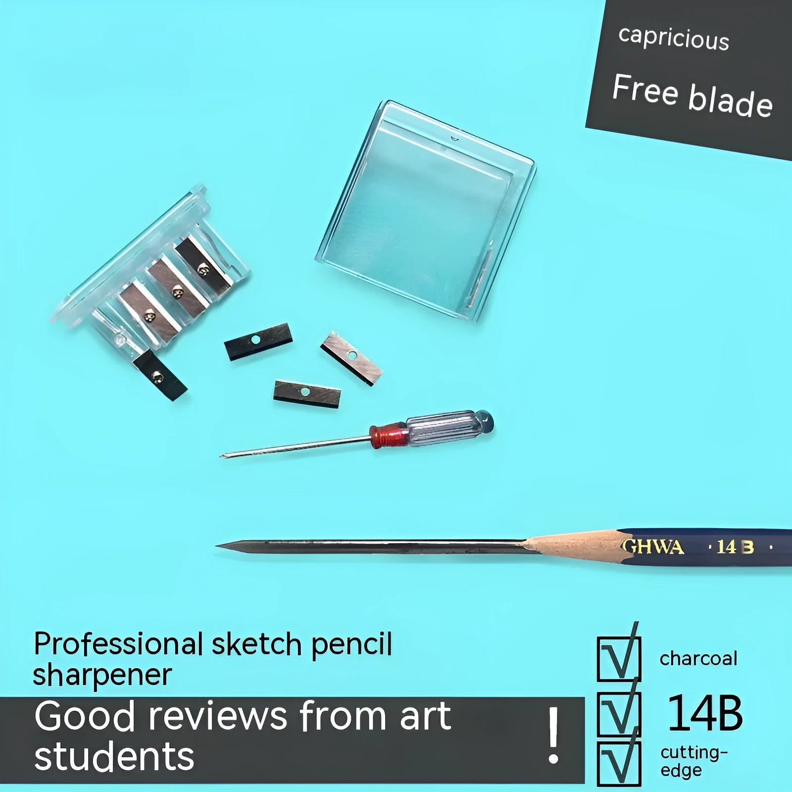 Geometric shaped four hole pencil sharpener for art, shown with integrated screwdriver.