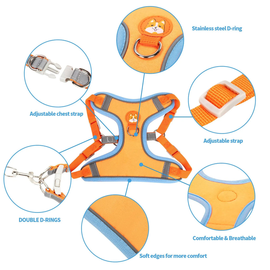 Adjustable dog harness vest in six colours with haulage rope leash attachment