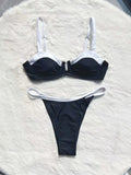 Black low waist bikini set with split stitching and brief style for women swimming