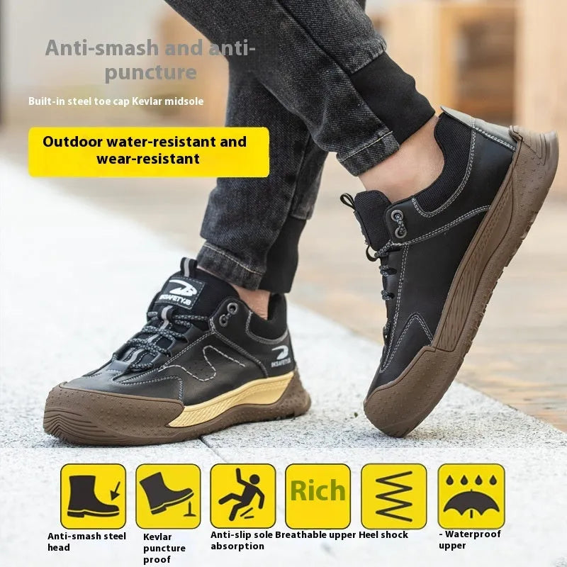 Men's Flyknit leather work safety shoes with a rubber sole in black, shown in a side profile.