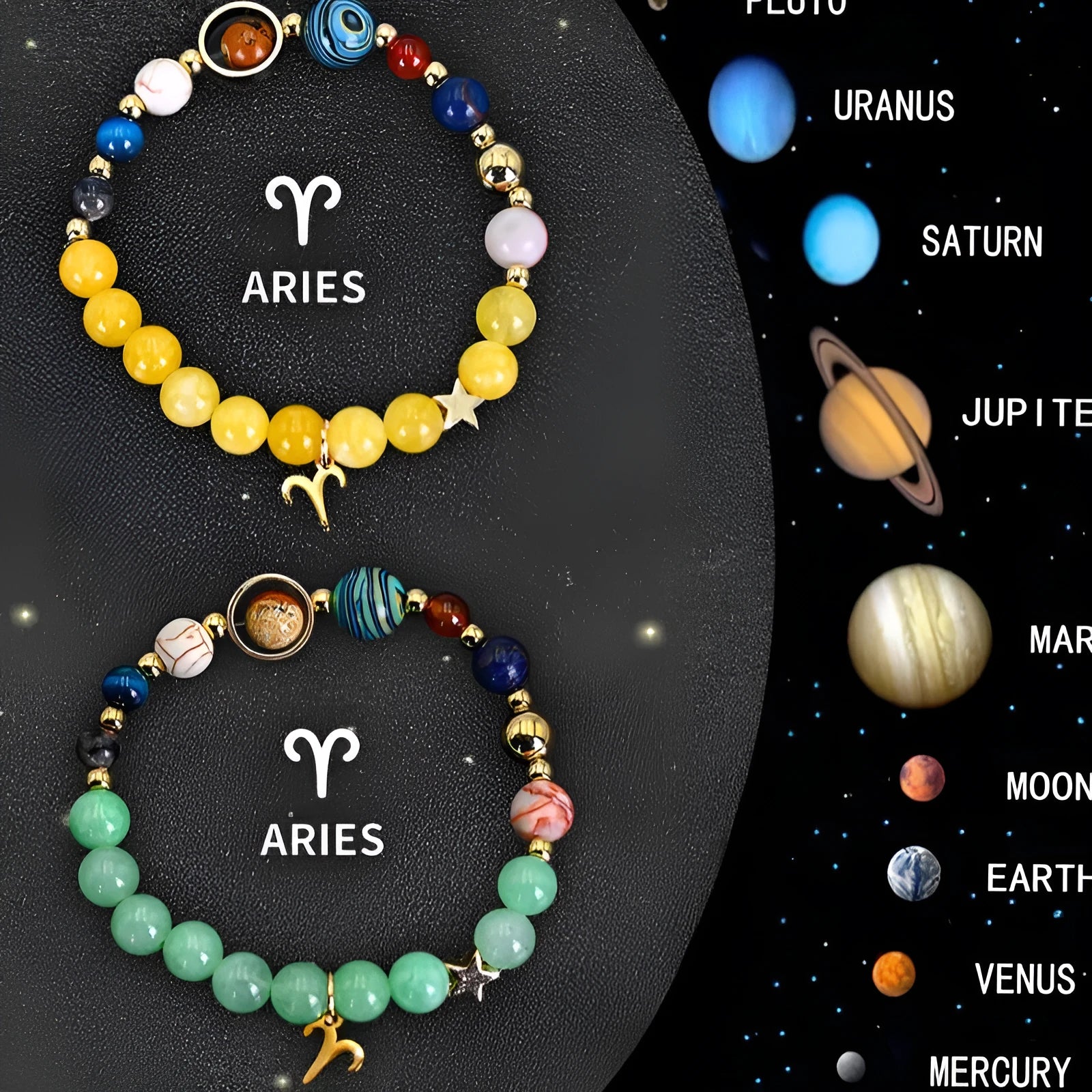Two natural stone beaded bracelets with zodiac charm pendants on adjustable leather straps