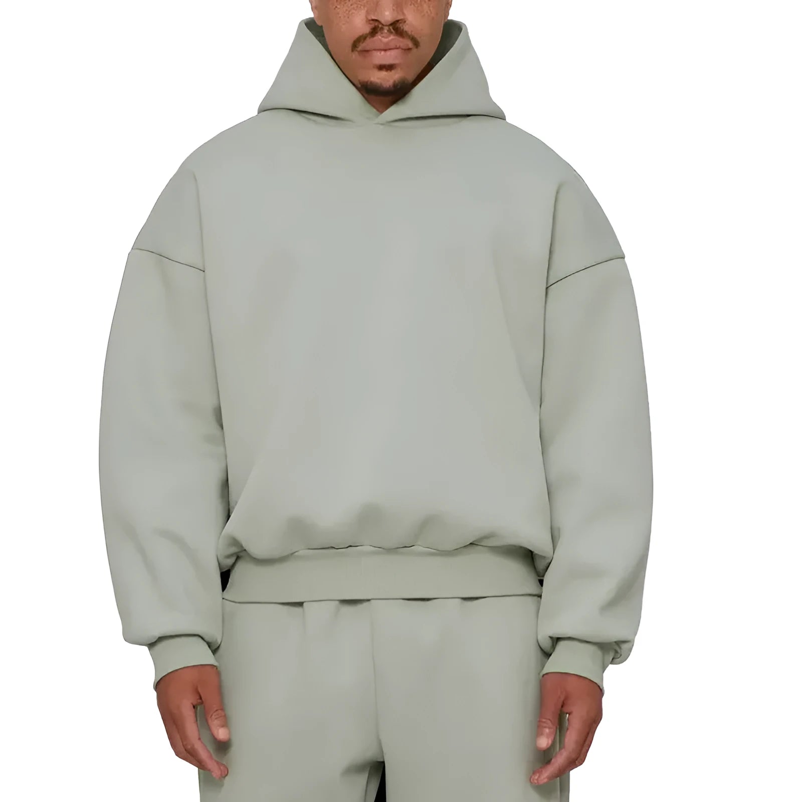 Men's grey fleece-lined cotton pullover hoodie with wool lining shown front view