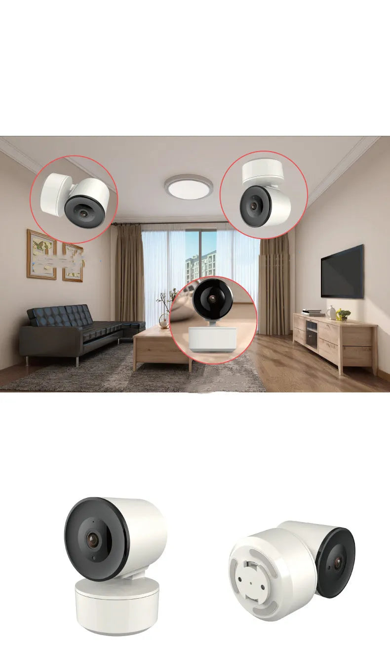 White indoor Wi‑Fi security camera with lens, shown on a desktop with power adapter