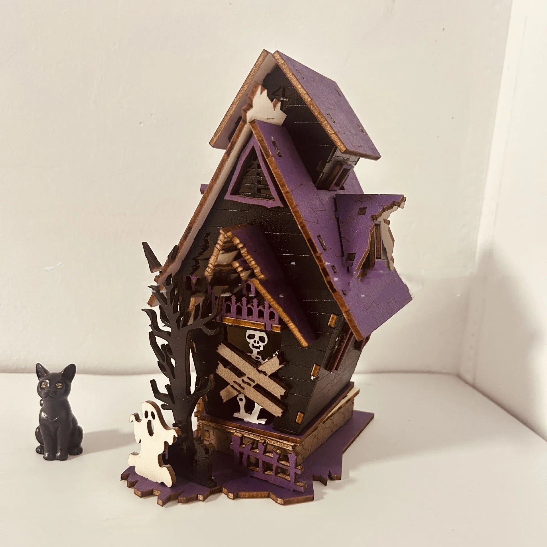 Wooden DIY glowing haunted house Halloween table decoration with candlestick holder function