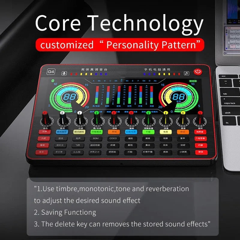 G4 professional sound card mixer with Q8 capacitor microphone, LCD screen, and tuning knobs for live streaming setup