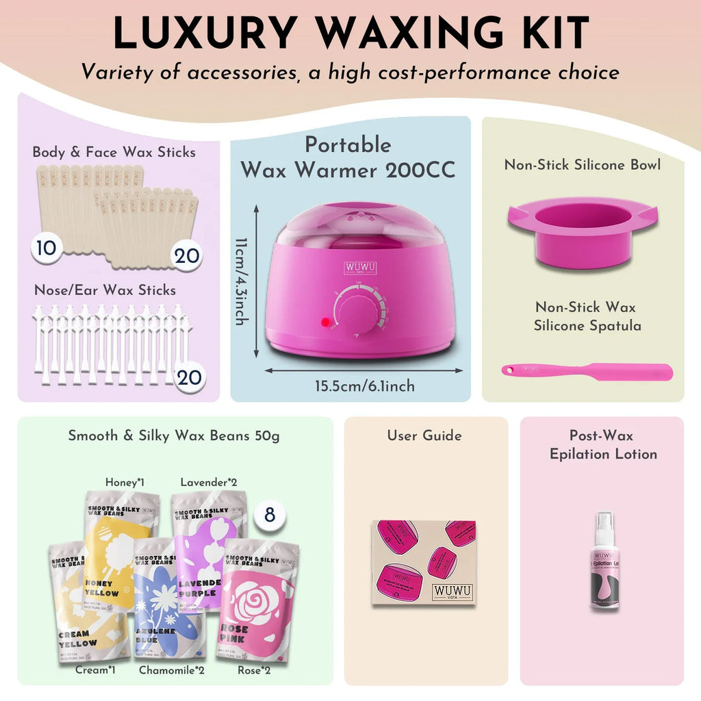 WUWUVISTA 63-piece hard wax hair removal kit with pink wax warmer, wax beans, and silicone tools