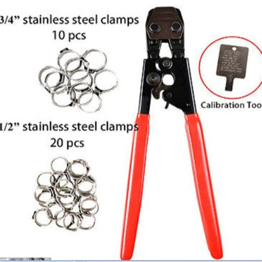 Red cloth pouch containing PEX clamp tool set with single ear clamp