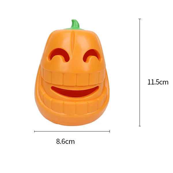 Orange Halloween pumpkin shaped rubber dog toy with a treat-dispensing funnel.