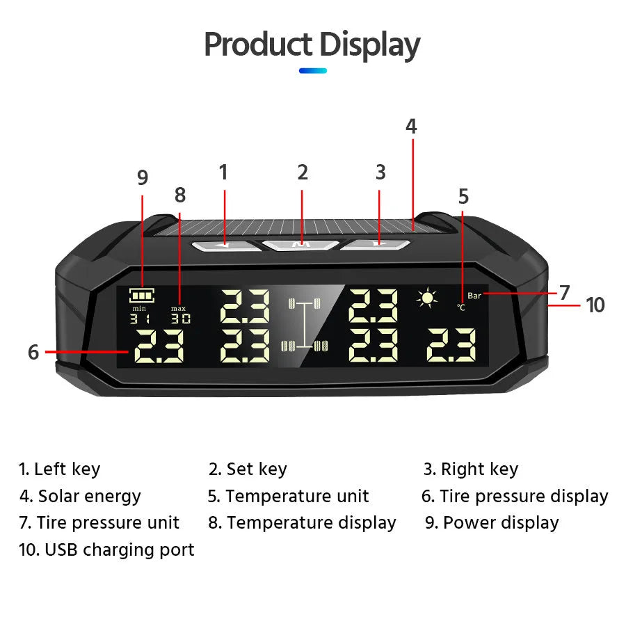Solar external tire pressure monitor with colour LCD display for six-tire RVs and trucks