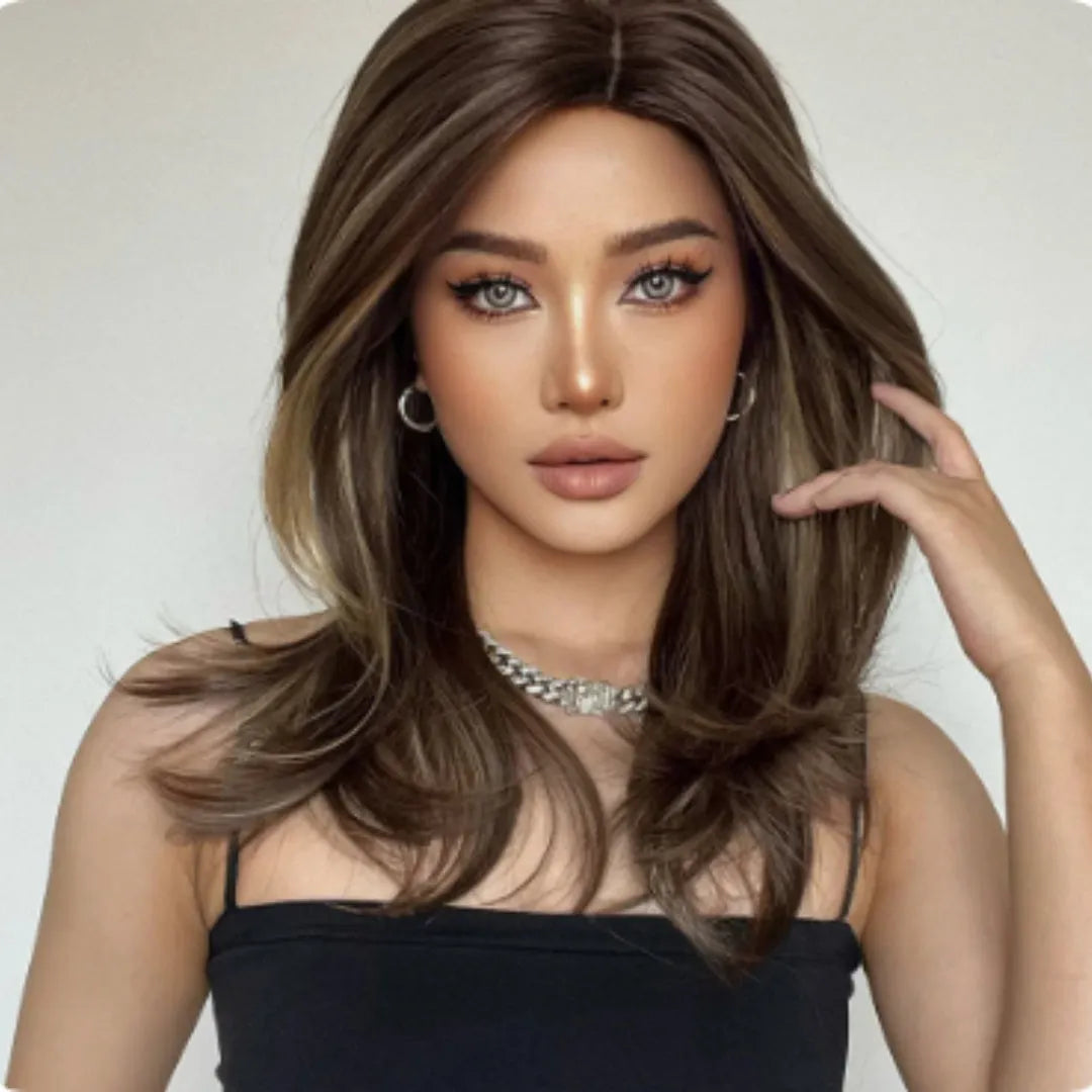 Mid-length curly synthetic wig in a gradient colour with long bangs and full-head coverage