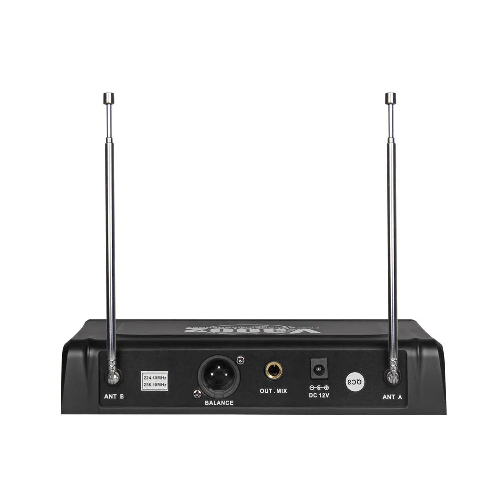 Black V-3002 dual wireless handheld microphone system with transmitter and cables