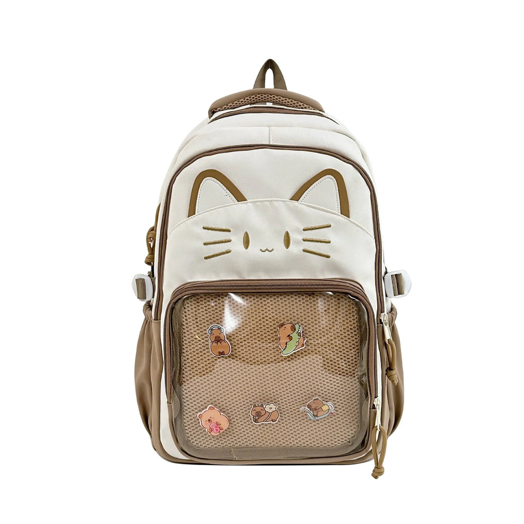 Korean cartoon animation style backpack in two sizes with curved shoulder straps.