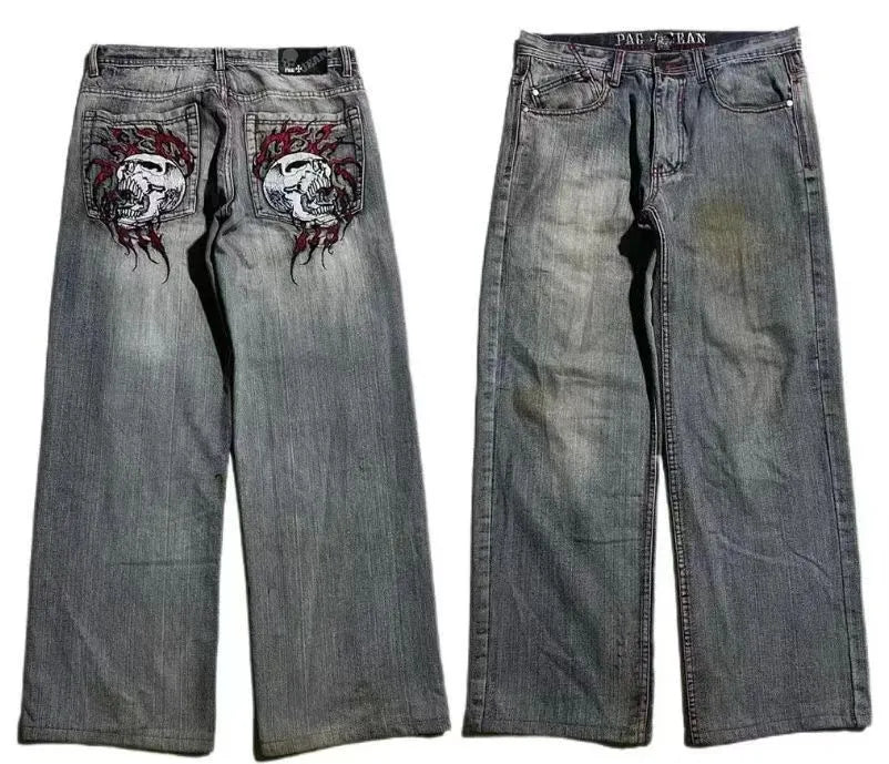 Men's grey washed-out jeans with wide-leg workwear design and straight-cut silhouette