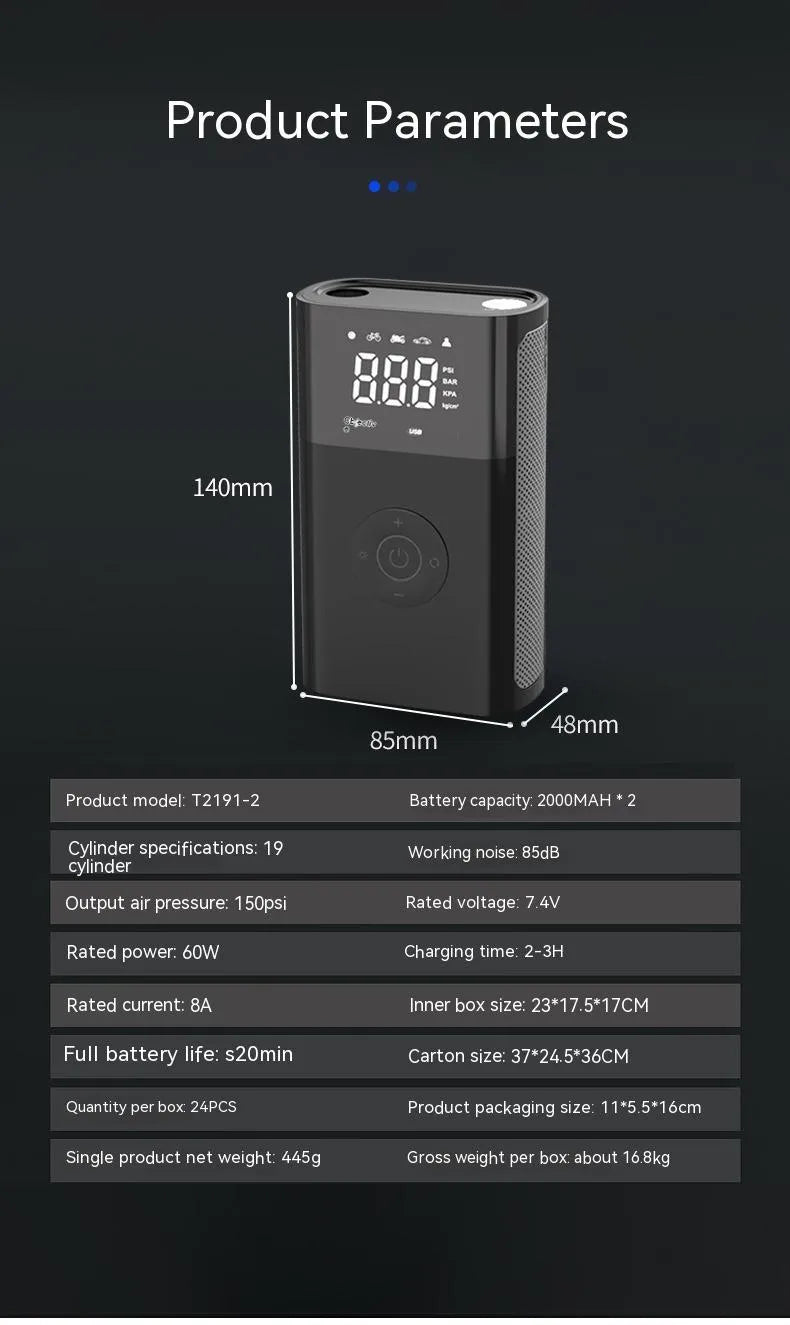 Wireless digital display air pump with car tyre adapter and pressure gauge on ABS housing