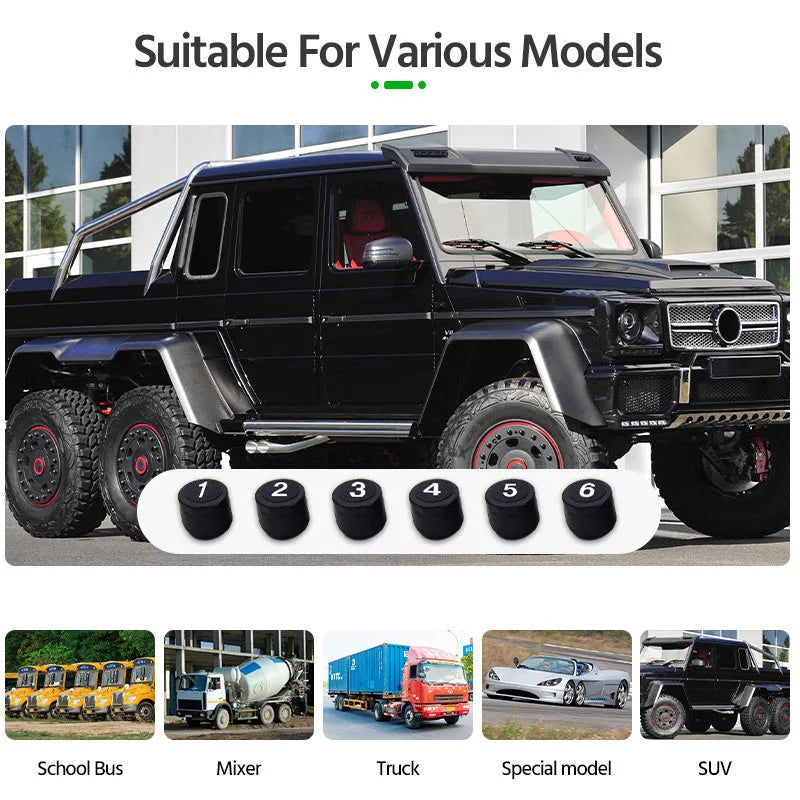 Solar external tire pressure monitor with colour LCD display for six-tire RVs and trucks