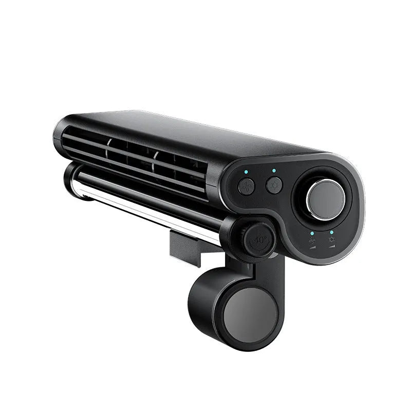 Black USB-powered bladeless clip fan with LED lighting attached to laptop screen