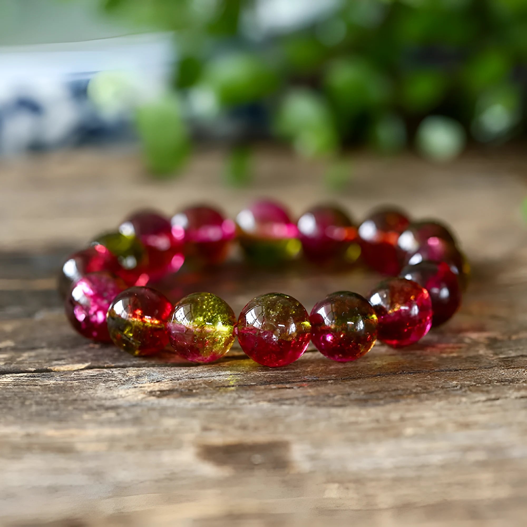 Women's watermelon crystal bracelet showing handcrafted beads in pastoral casual style