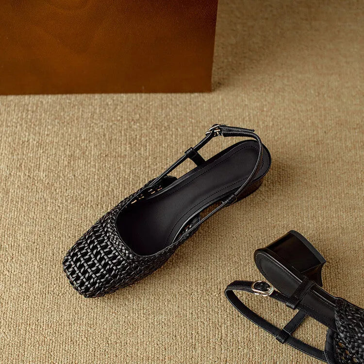 Women's woven hollow-out closed toe sandals with chunky heel and buckle closure in black