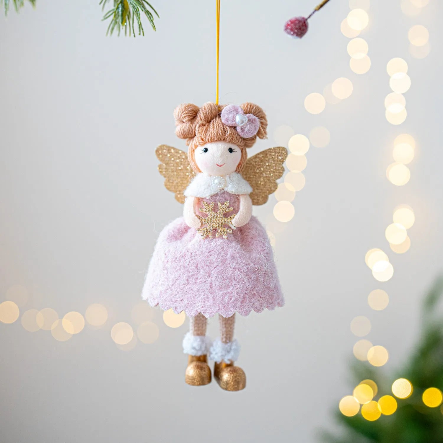 Soft pink and white cloth angel wings plush pendant Christmas tree ornament.