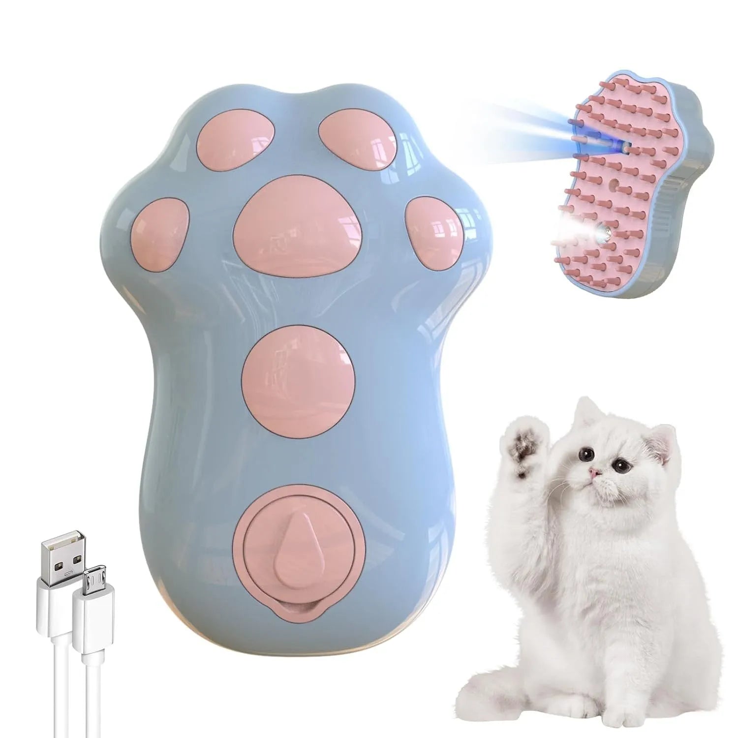 Blue self-cleaning cat steam brush with silicone massage bristles and a release button.