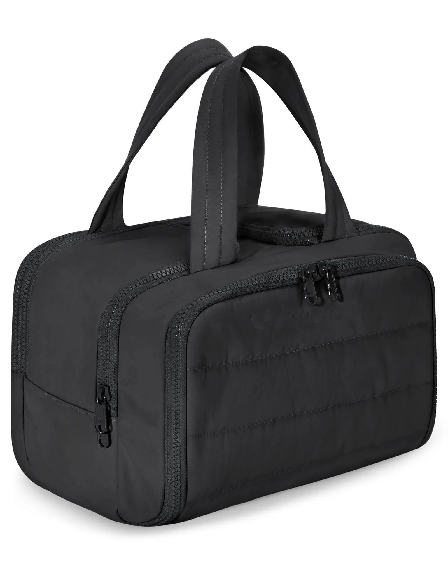 Large fluffy travel toiletry bag with wide open top, shown in a choice of colours.