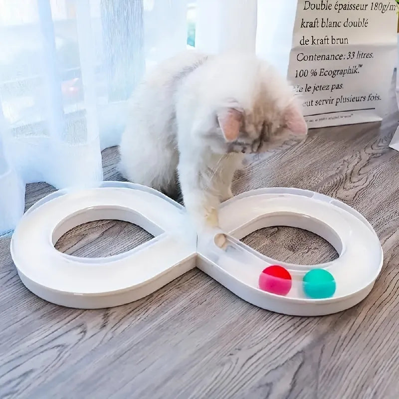 Blue and white cat toy with turntable track ball and teasing stick for interactive feline play
