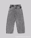Grey loose-fitting straight-leg cotton denim trousers for men and women on a hanger