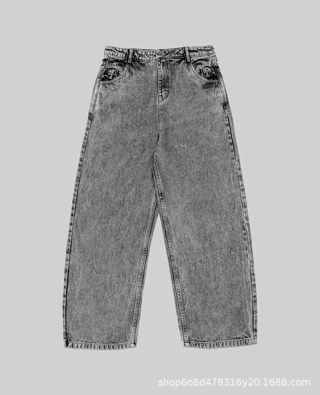 Grey loose-fitting straight-leg cotton denim trousers for men and women on a hanger
