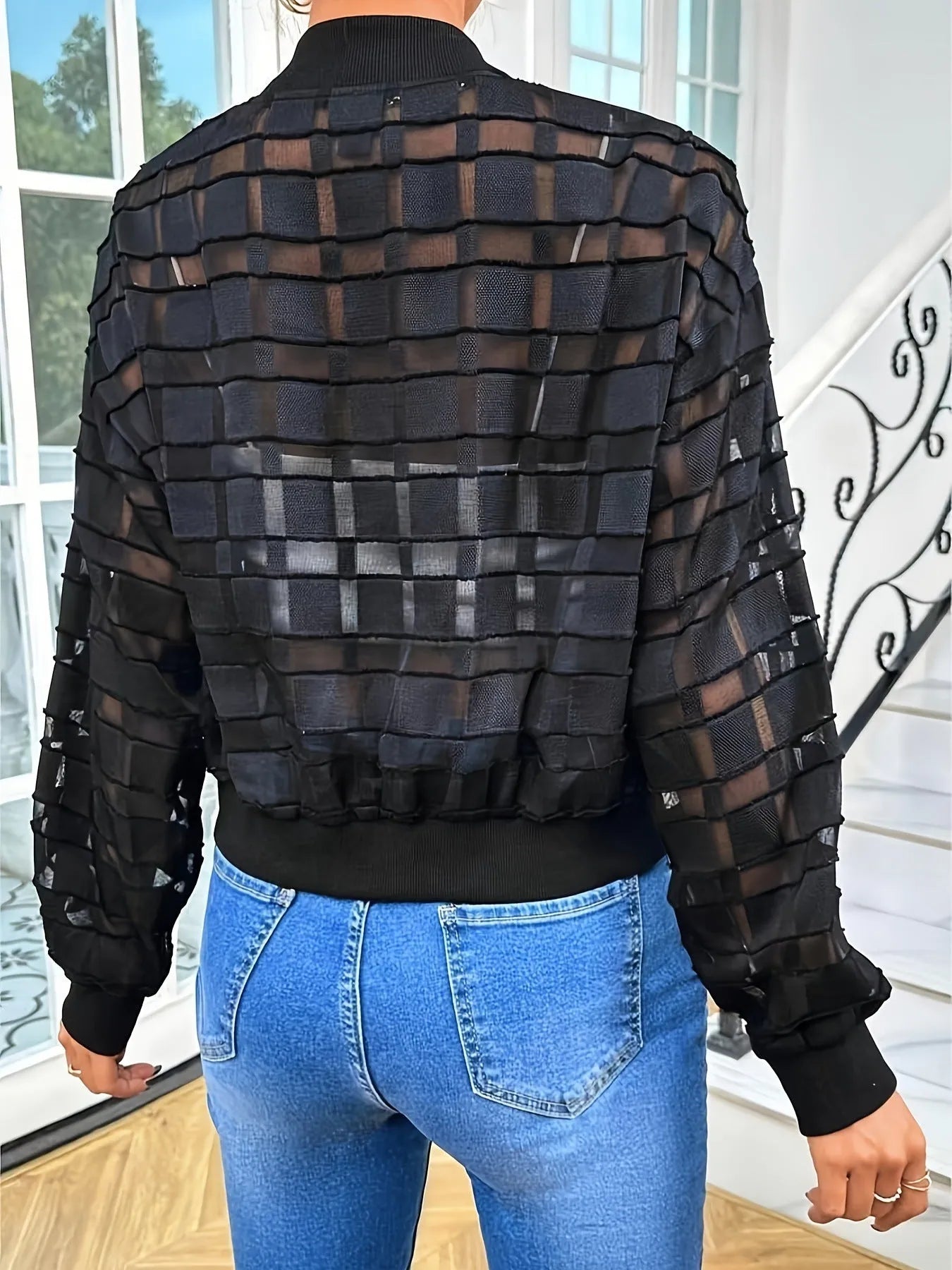 Black women's casual jacket with geometric pattern and semi-transparent thread detailing
