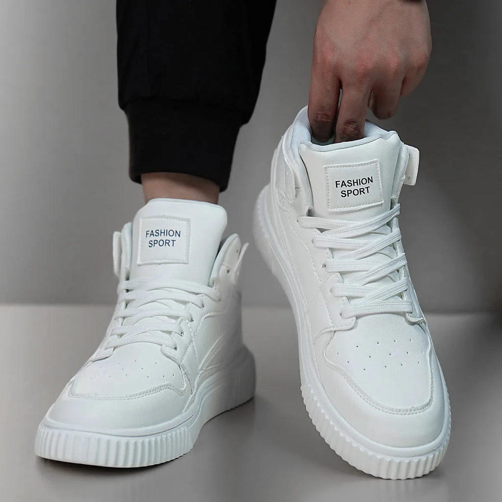 Men's white round-toe casual shoes made from microfiber material.