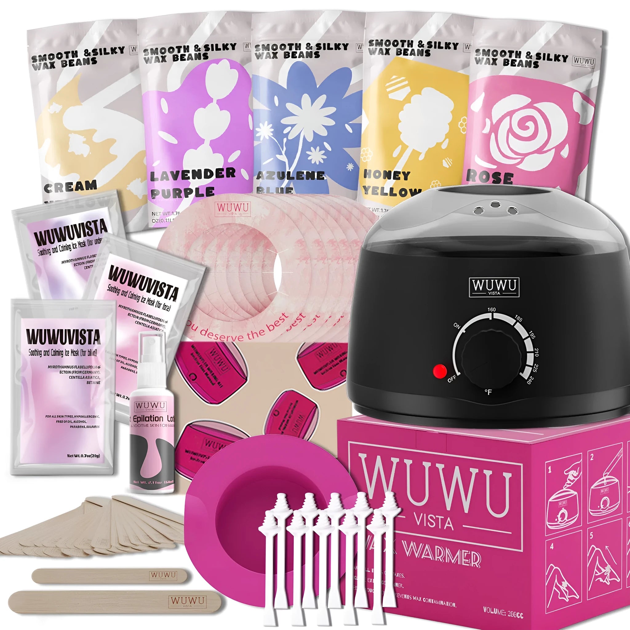 Professional waxing kit with hard wax beans, warmer, five wax variants, and application tools for facial and body hair removal
