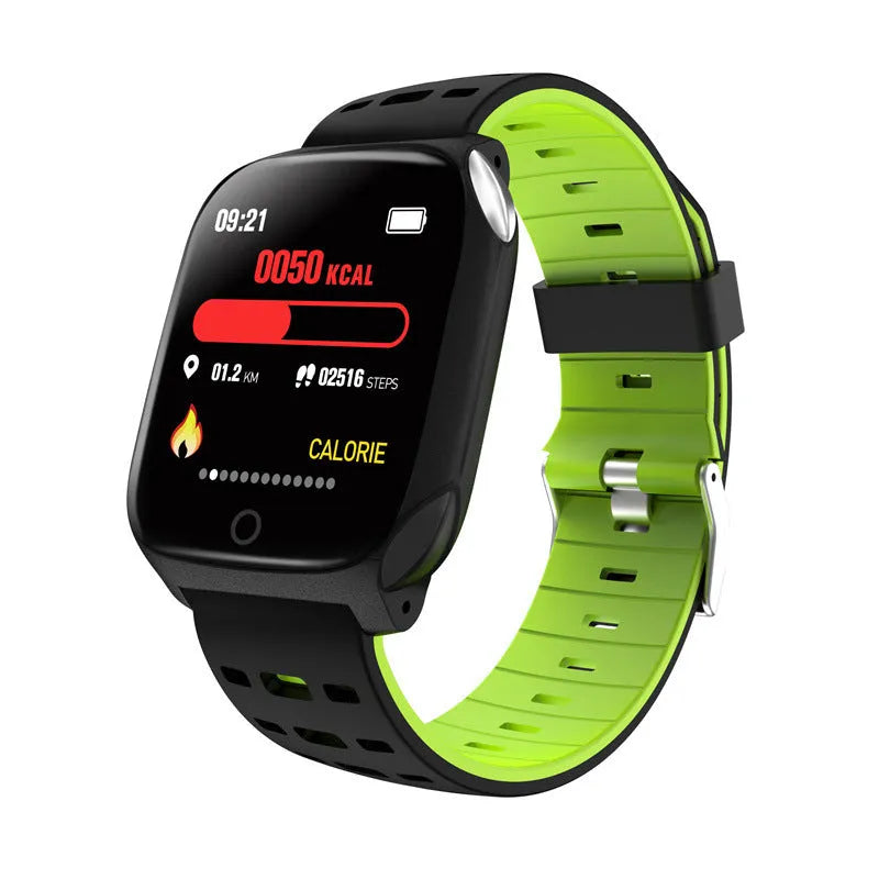 F16 Smart Watch with ECG monitor on wrist, showing black grey silicone strap and IPS screen displaying heart rate.