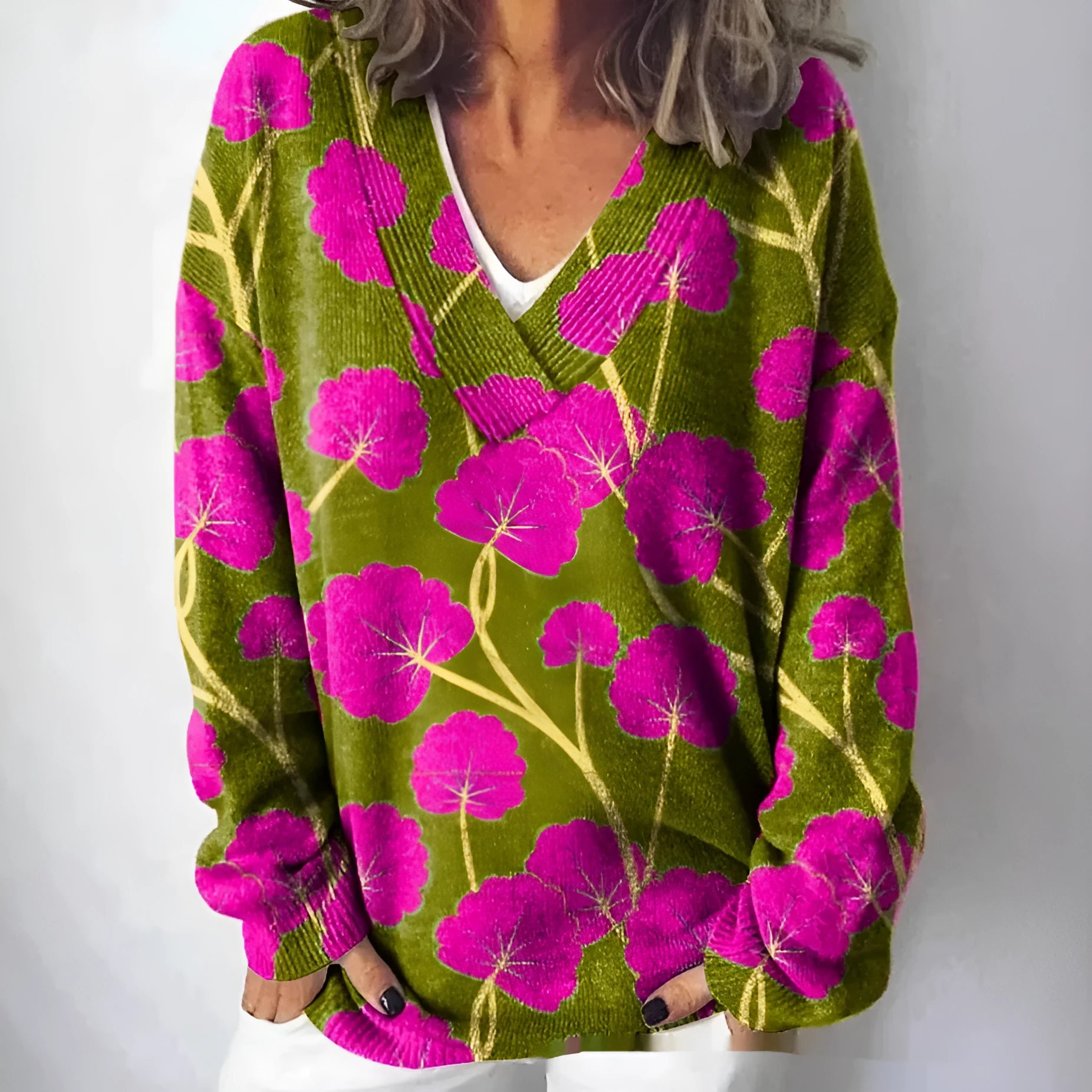 Women's V-neck long sleeve sweatshirt with a blue and white 3D floral print pattern.