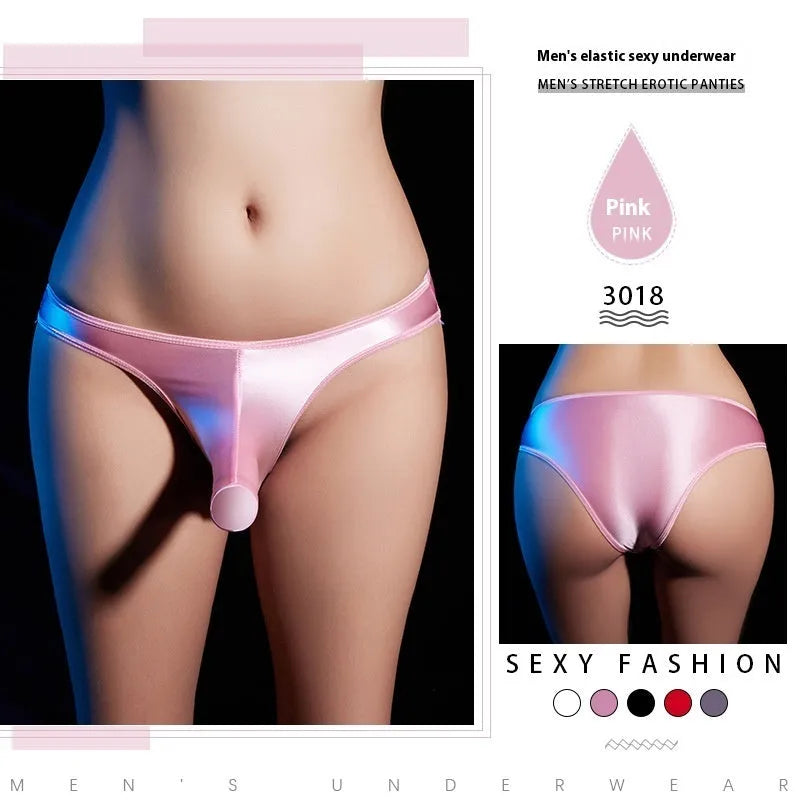 Men's shiny nylon low waist T-back underwear on a colour swatch showing black, grey, pink, red and white.