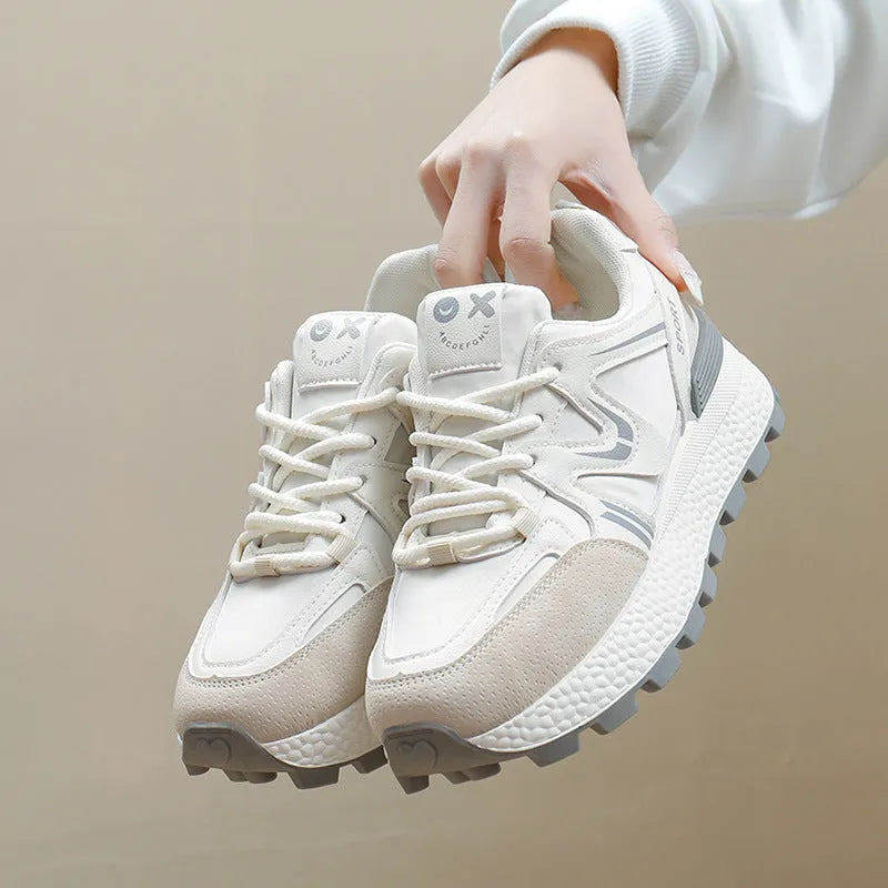 Women's black platform casual sports shoes with round toe and front lace-up design