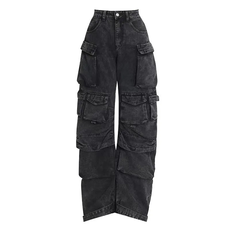 Women's blue tie-dyed high waist wide leg denim trousers with multiple pockets and elastic waistband