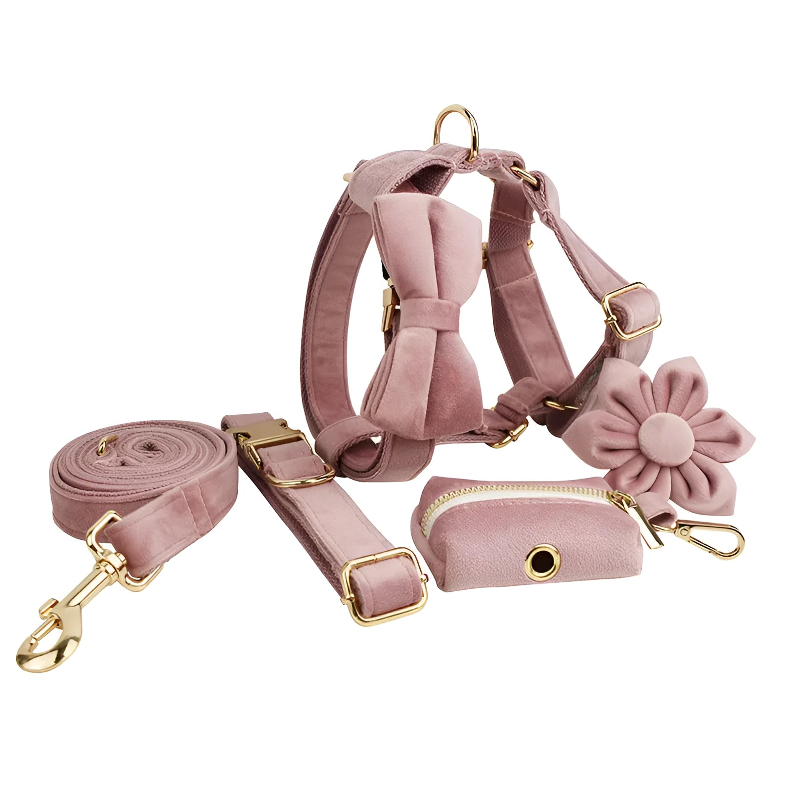 Light purple and pink velvet dog collar with matching leash and bow accessory set on a white background.
