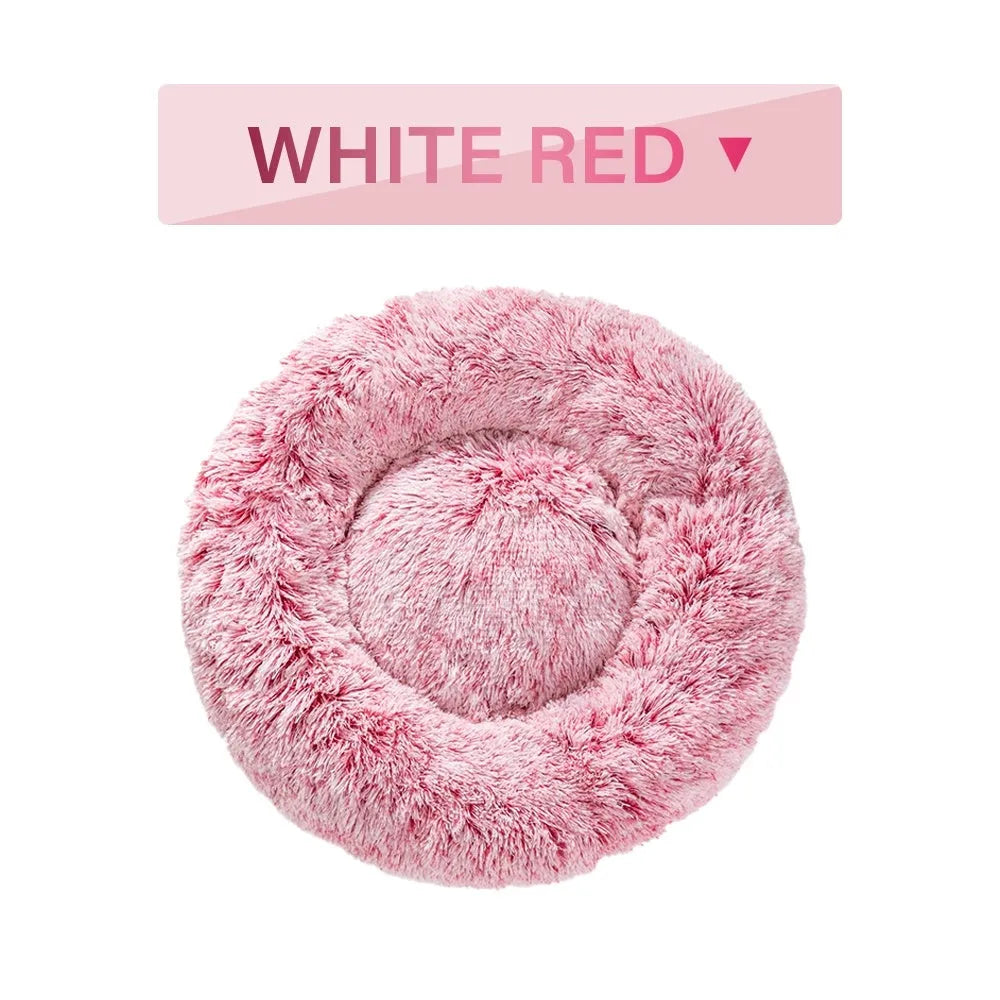 Donut-shaped long plush pet bed with raised sides, shown in a neutral colour.