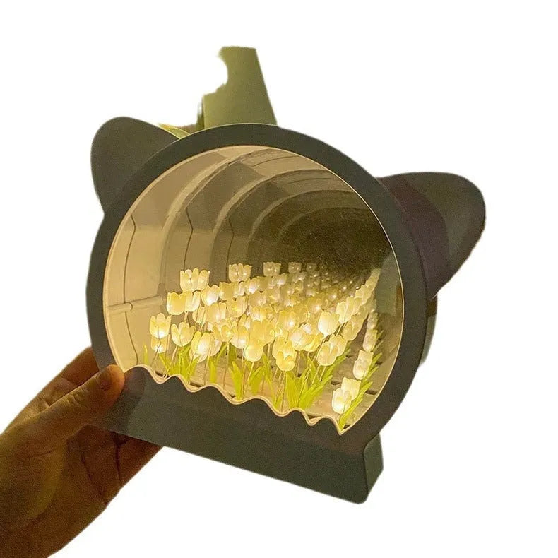 DIY craft kit for a cat head shaped night lamp decorated with handmade tulip flowers.