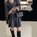 Women's grey Art Retro knitted vest skirt and long-sleeved cardigan set with pleating detail