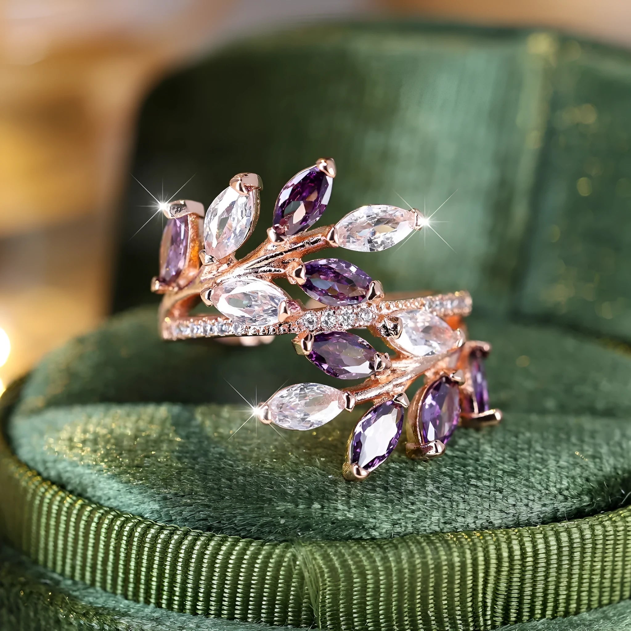 Adjustable horse eye zircon leaf ring in multiple colour options including platinum white and rose gold finishes