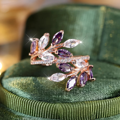 Adjustable horse eye zircon leaf ring in multiple colour options including platinum white and rose gold finishes