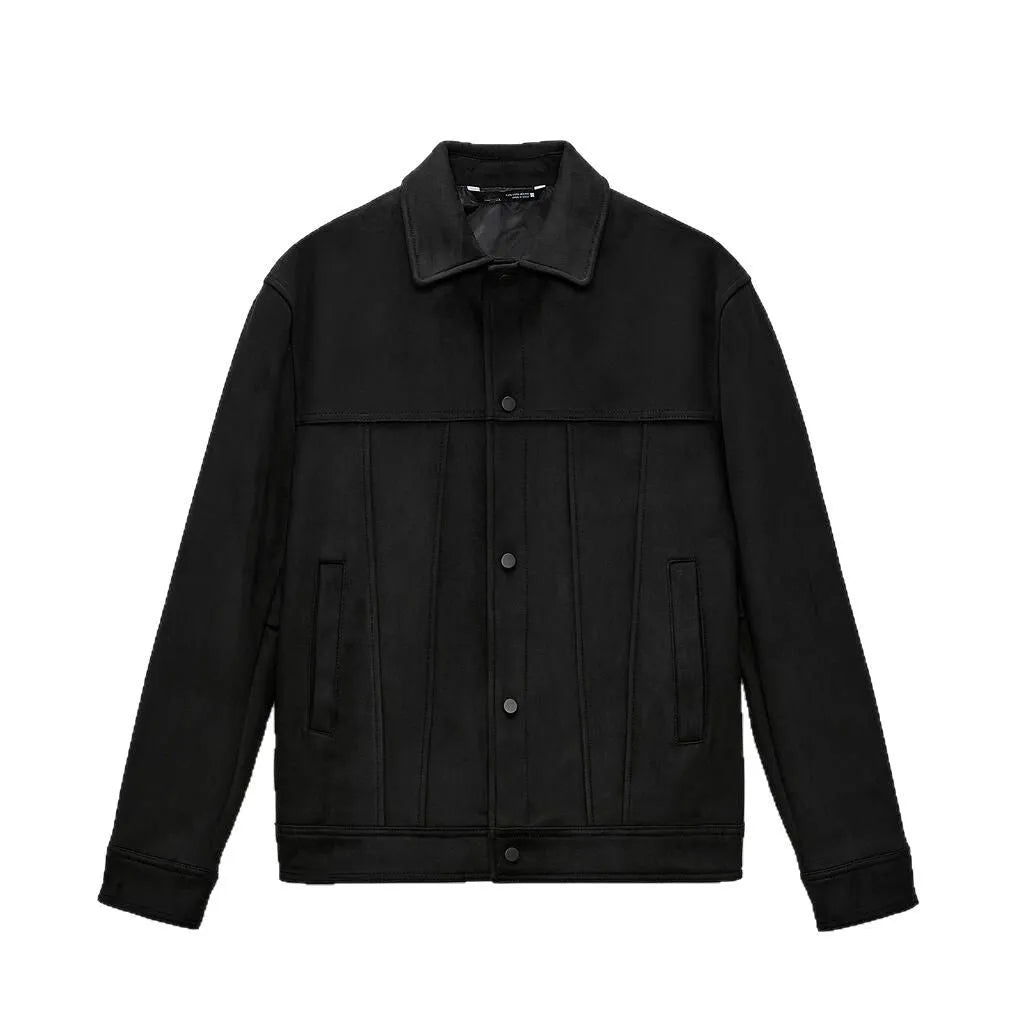 Black men's hooded jacket with suede collar, side pockets and straight hem