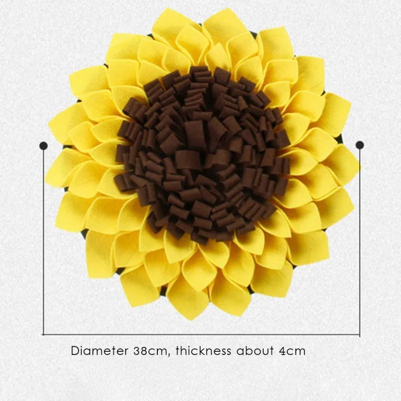 Yellow sunflower-shaped dog snuffle mat with fleece folds for hiding treats.